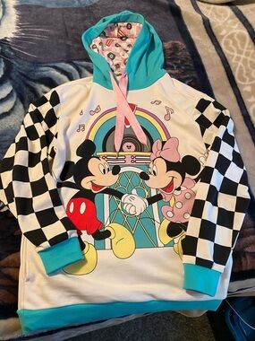 Loungefly Turquoise, Black, White & Pink Mickey & Minnie Checkerboard Hoodie